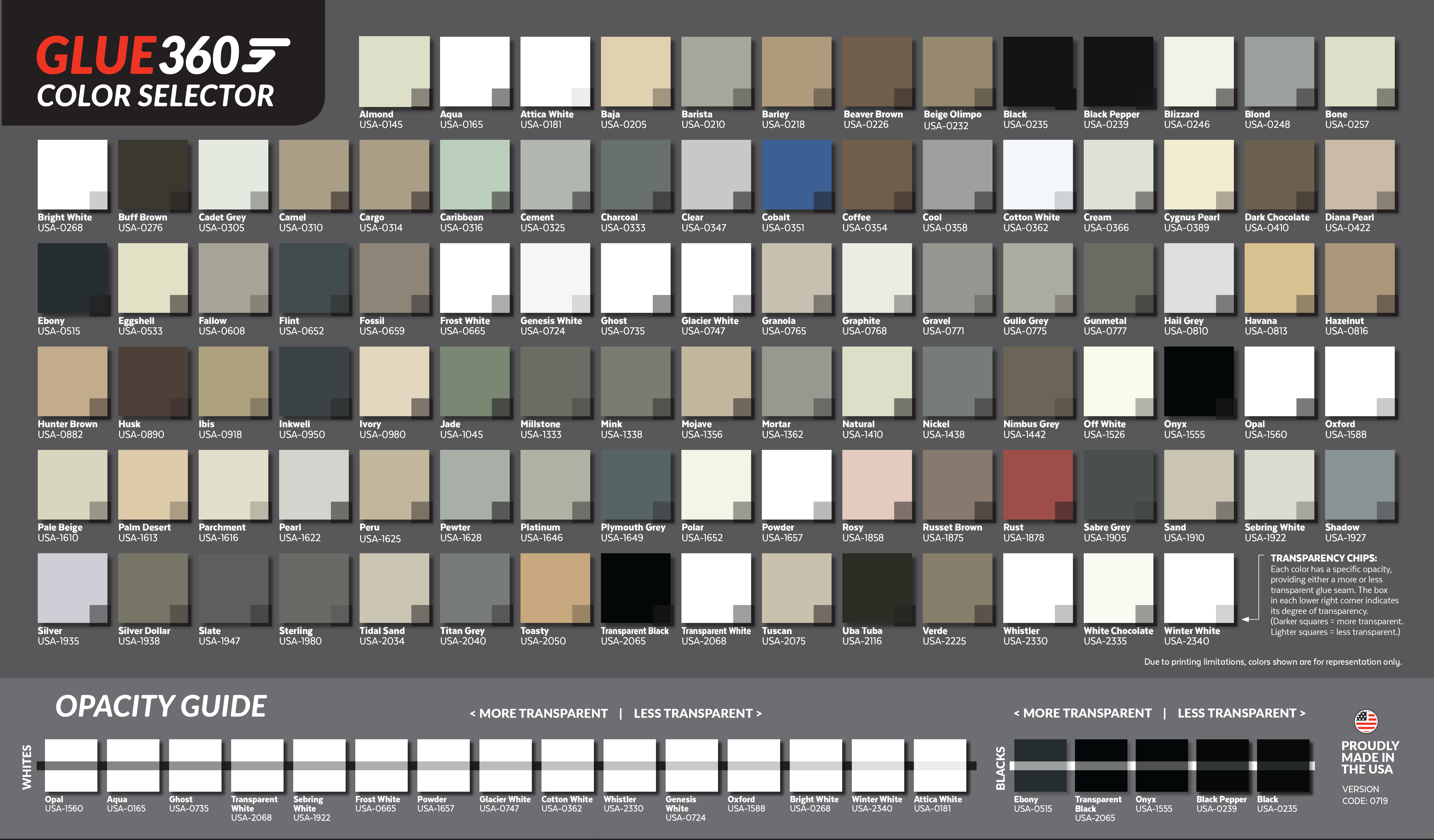 GLUE 360 UNIVERSAL SEAMING ADHESIVE Color Chart