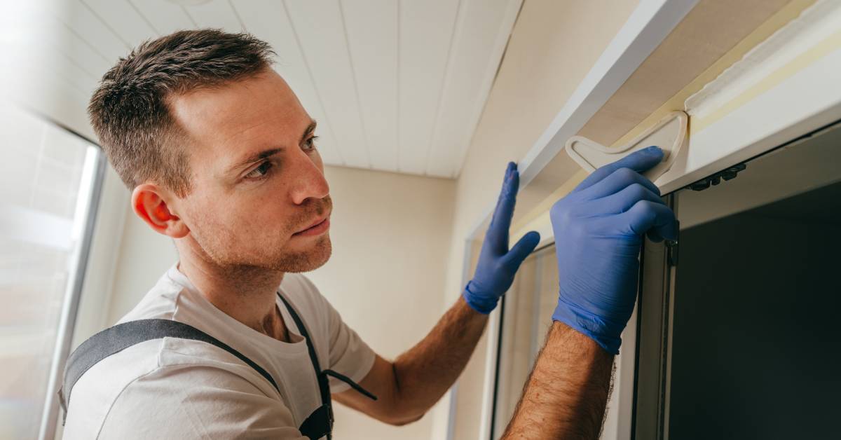 A young man wearing blue latex gloves applies a waterproof silicone sealant to the frame of a sliding glass door.