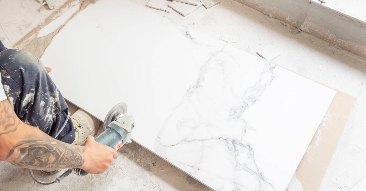 A worker crouches down to apply a handheld angle grinder to a large square slab of porcelain tile for cutting.