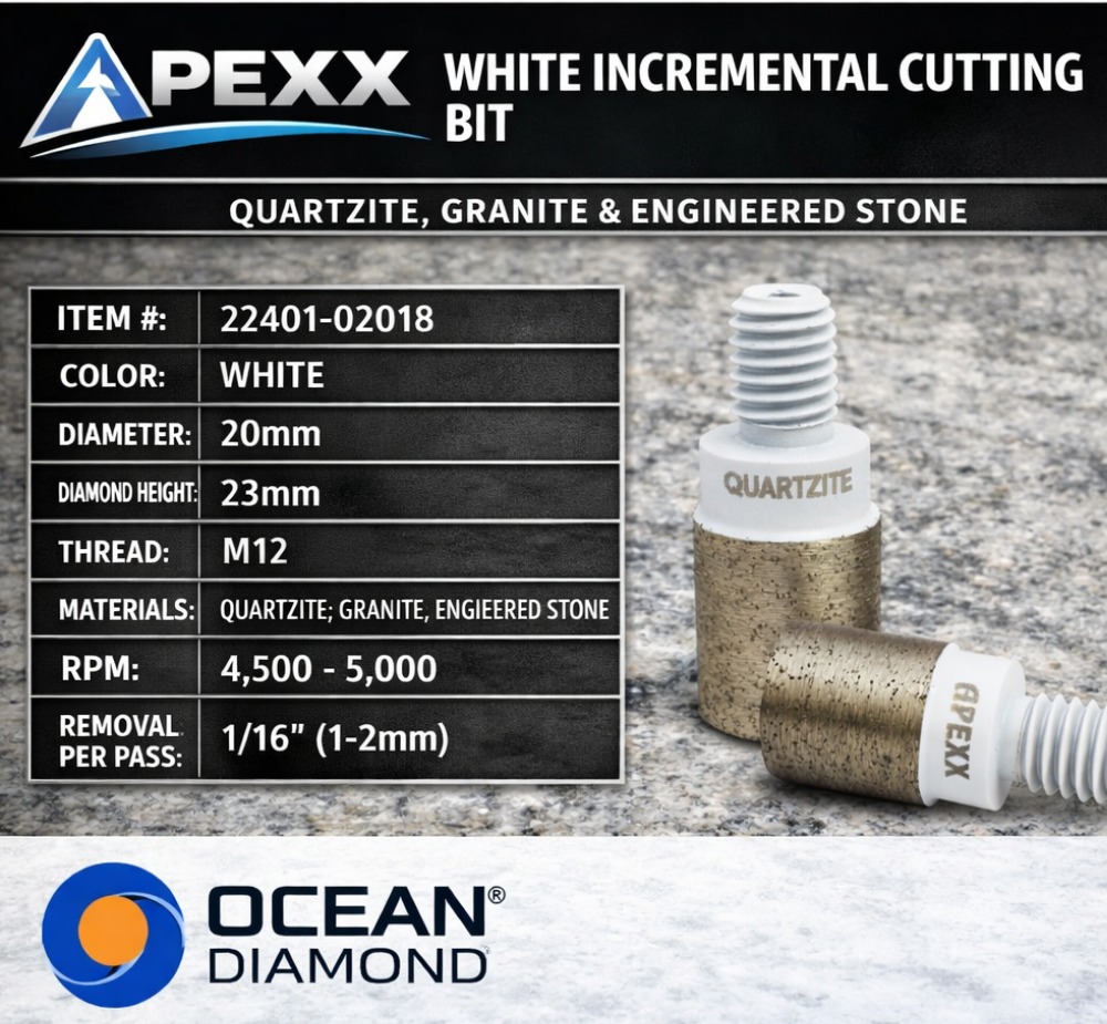 APEXX WHITE INCREMENTAL CUTTING BIT – QUARTZITE, GRANITE & ENGINEERED STONE